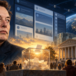 Conceptual editorial illustration of Elon Musk beside a ballot box, campaign money, social media panels and satellites above Earth.