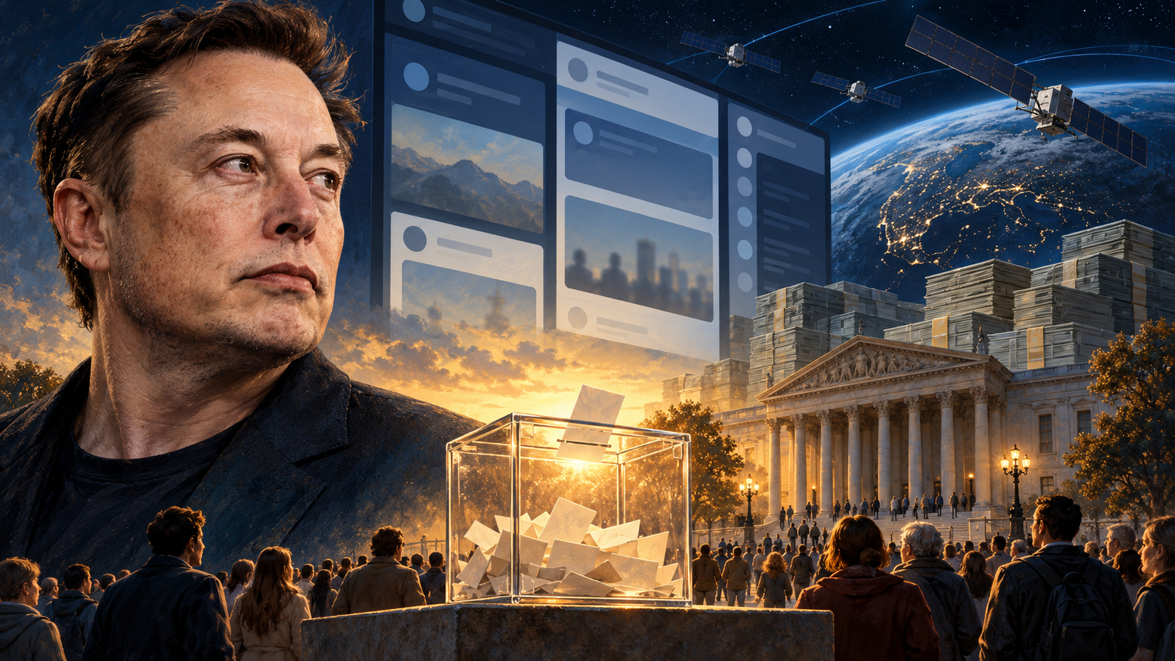 Conceptual editorial illustration of Elon Musk beside a ballot box, campaign money, social media panels and satellites above Earth.