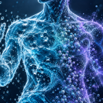 Conceptual illustration of a human torso and raised hand blending water textures with abstract molecular and quantum-cloud motifs; not a literal anatomical or atomic diagram.