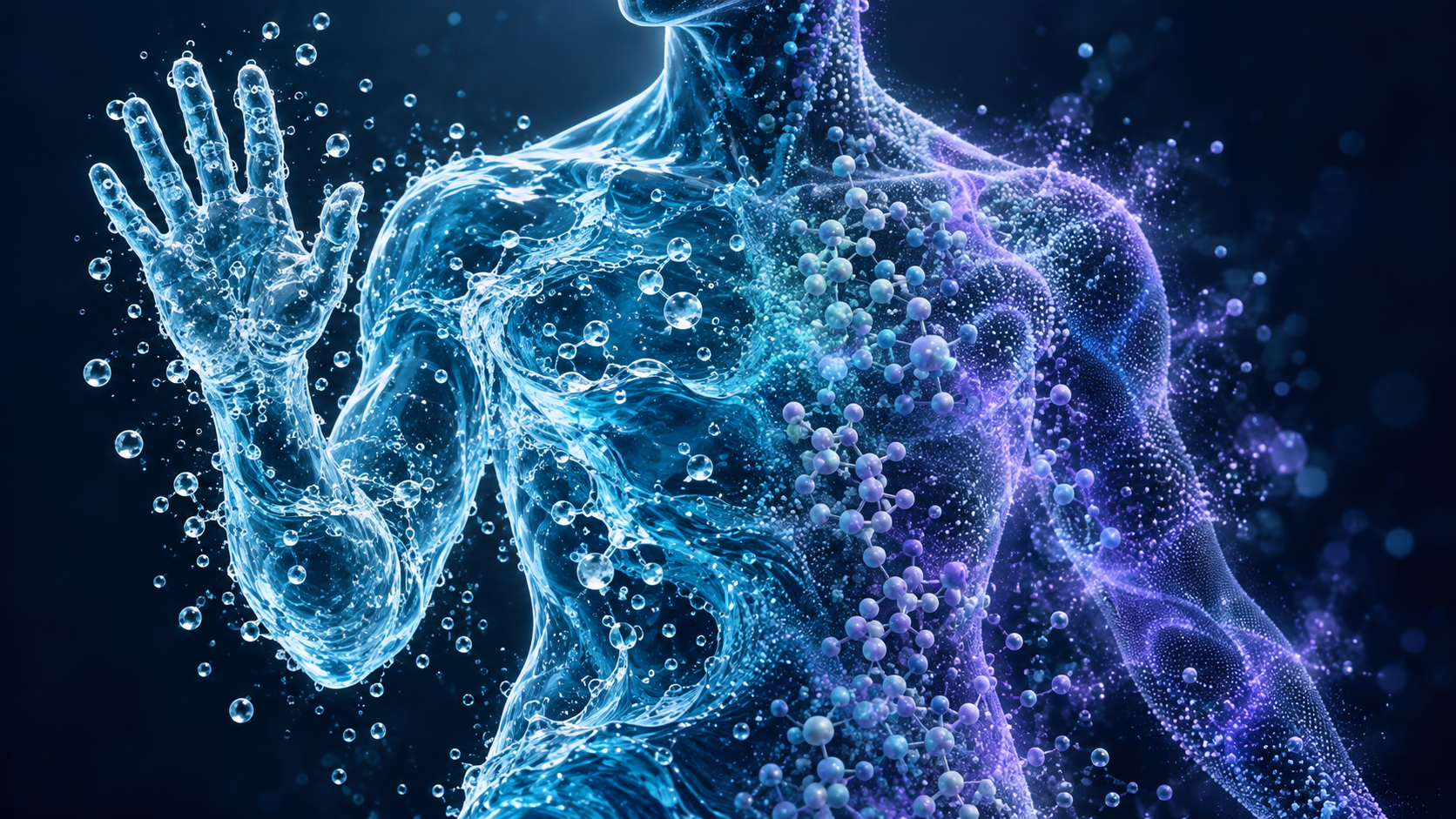 Conceptual illustration of a human torso and raised hand blending water textures with abstract molecular and quantum-cloud motifs; not a literal anatomical or atomic diagram.