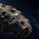 Conceptual illustration of a rocky asteroid in space with Earth in the distance and a subtle observation reticle; not shown to scale.
