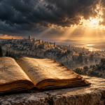 Symbolic illustration of an open ancient manuscript overlooking a stone city beneath storm clouds and breaking golden light.