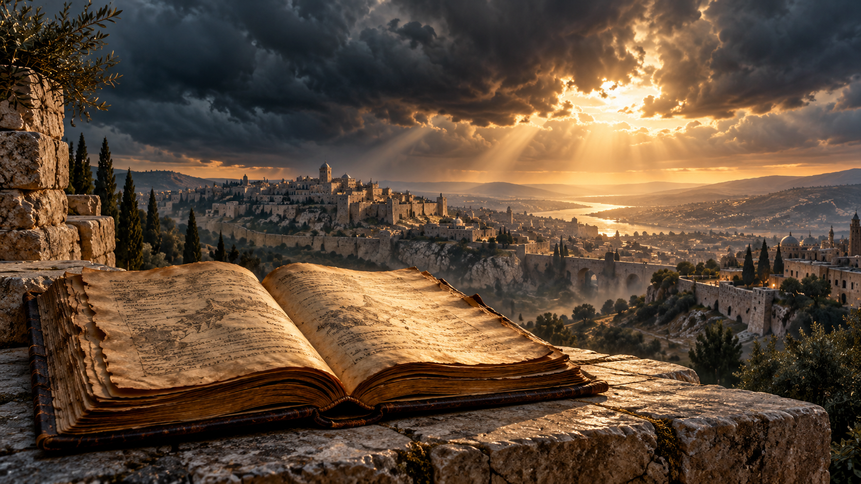 Symbolic illustration of an open ancient manuscript overlooking a stone city beneath storm clouds and breaking golden light.