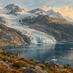Conceptual AI-generated illustration of a mountain glacier meeting a fjord; not a photograph of an observed location.