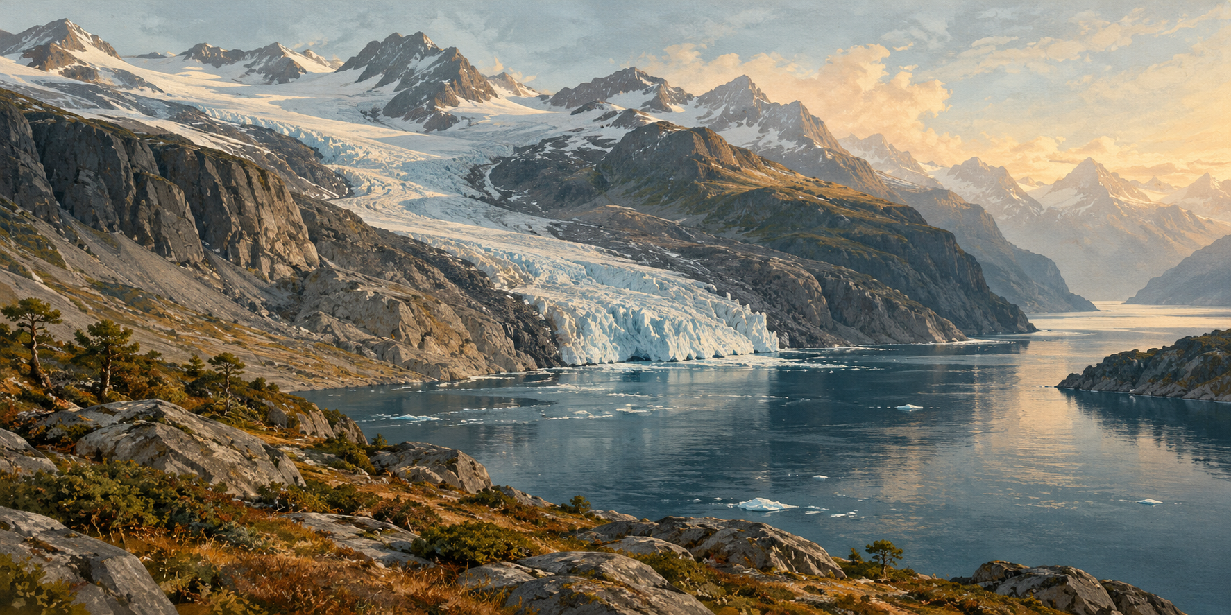Conceptual AI-generated illustration of a mountain glacier meeting a fjord; not a photograph of an observed location.