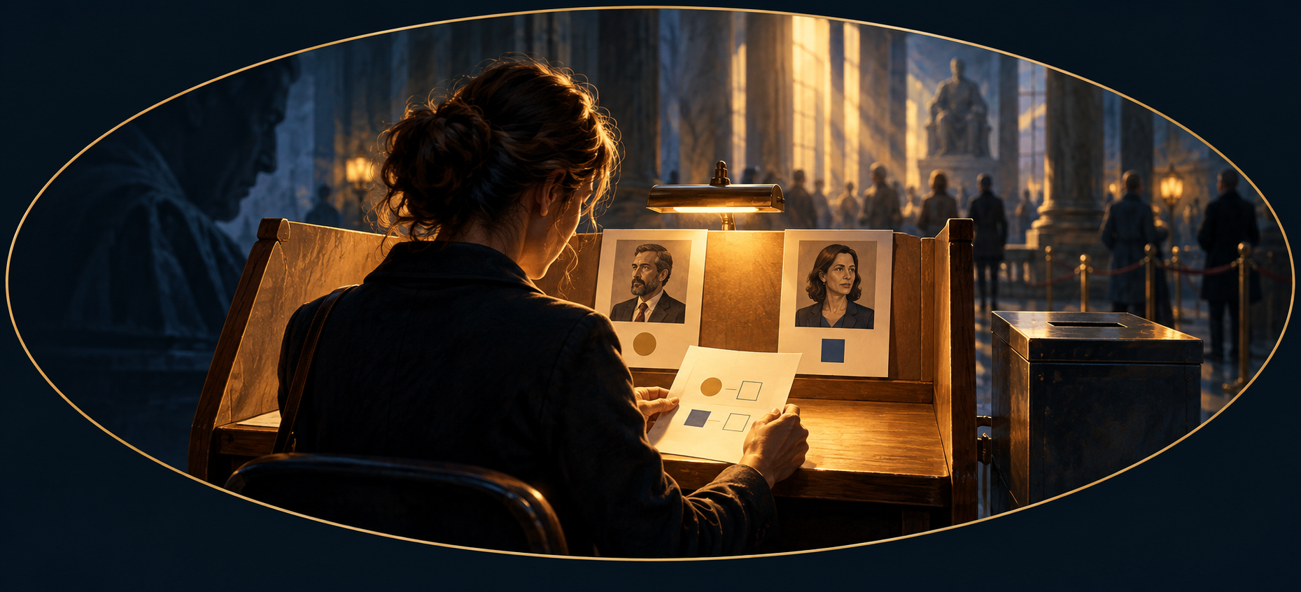 Conceptual AI-generated illustration of a voter carefully comparing two distinct candidate portraits and symbols at a voting desk, within a navy-and-gold oval; not a reproduction of an Alaska ballot.