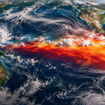 Illustration of El Niño warming across the tropical Pacific Ocean and its influence on global weather patterns.