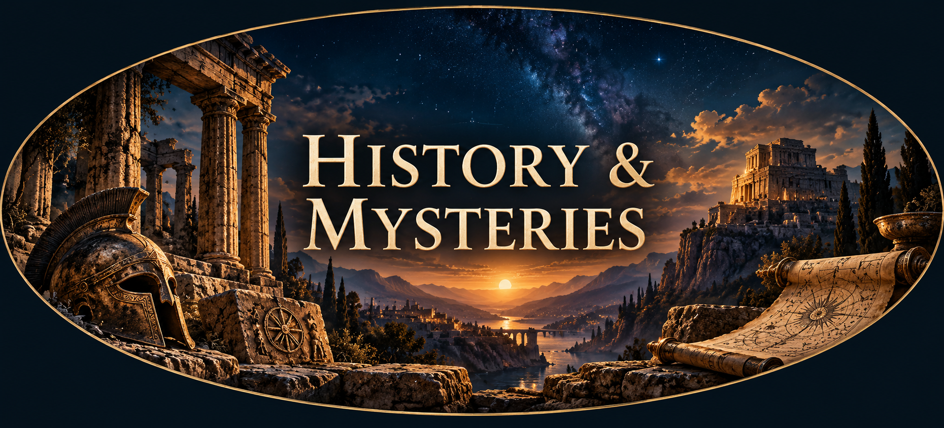 History and Mysteries: gold lettering inside an oval illustration of ancient ruins, artefacts and a manuscript beneath a starry sky.