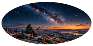 Oval editorial illustration of a warmly dressed stargazer and telescope on a hillside beneath stars and two meteor trails. An illustrative scene, not a sky chart.
