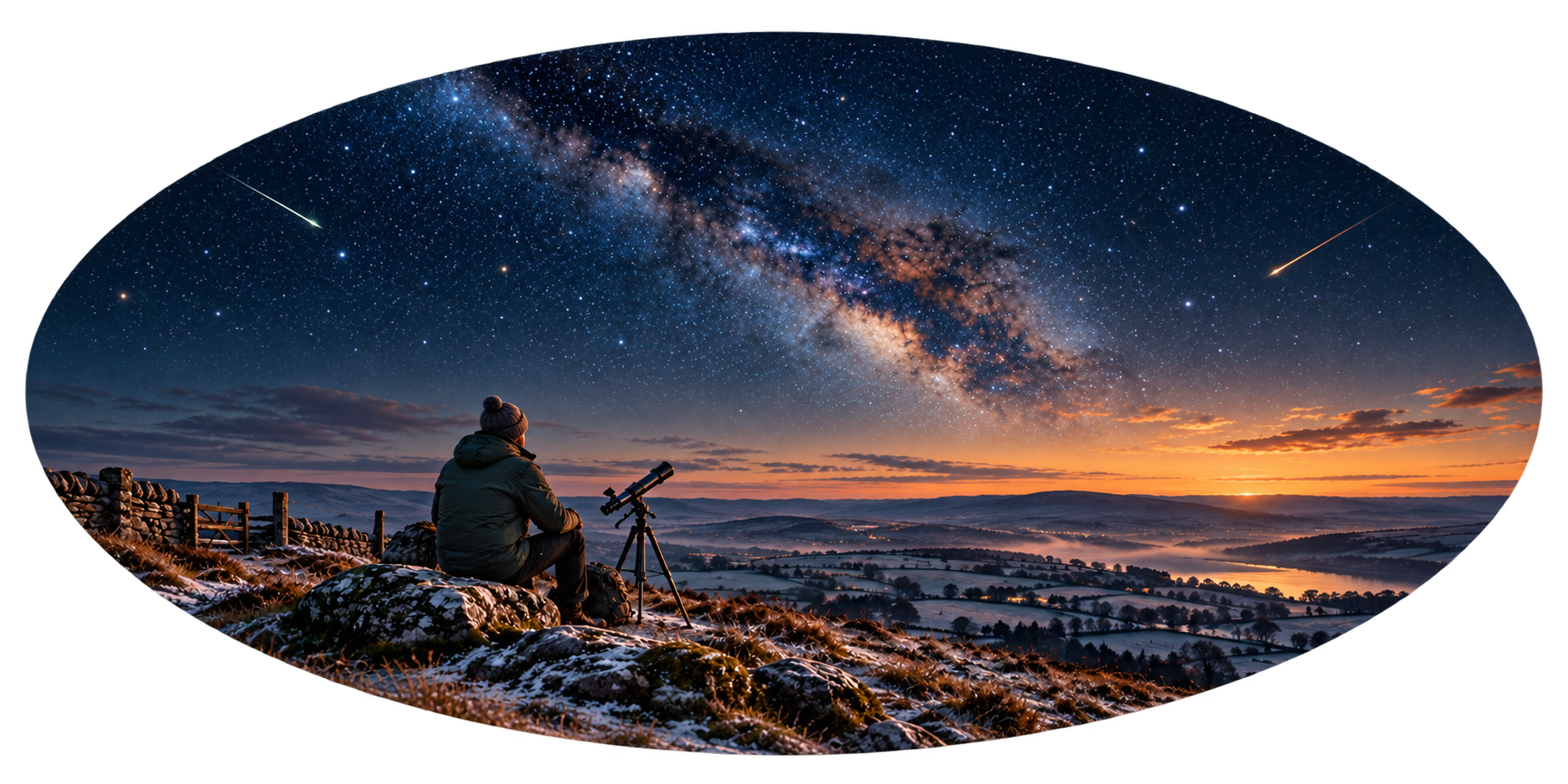 Oval editorial illustration of a warmly dressed stargazer and telescope on a hillside beneath stars and two meteor trails. An illustrative scene, not a sky chart.