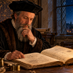 Imagined historical illustration of Nostradamus studying an open manuscript by candlelight, with a quill, astronomical instruments and a starry sky.