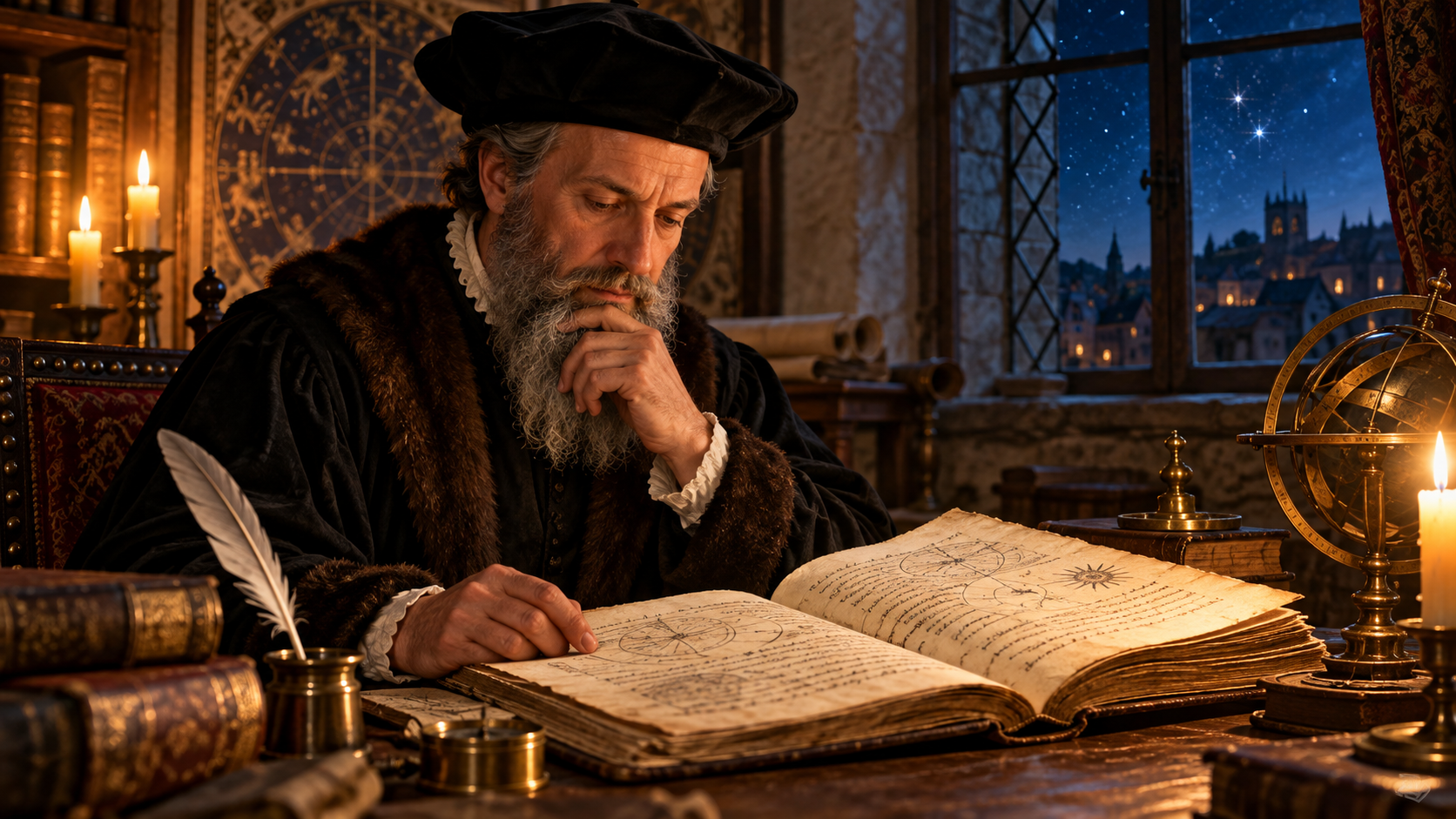 Imagined historical illustration of Nostradamus studying an open manuscript by candlelight, with a quill, astronomical instruments and a starry sky.