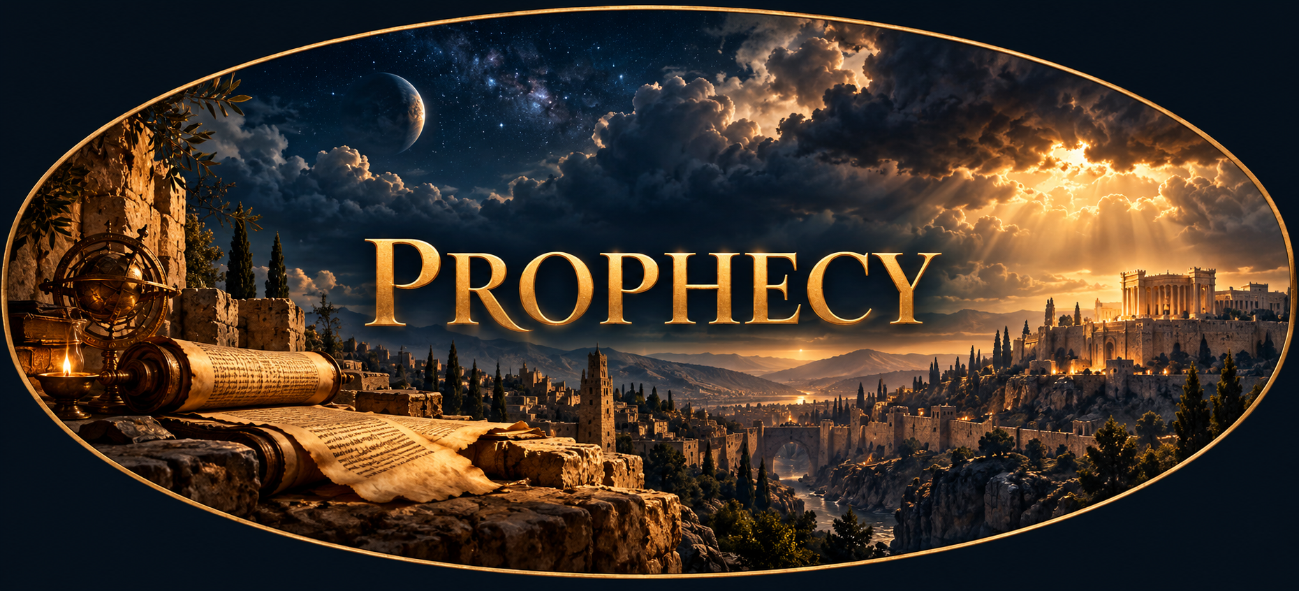 Prophecy: gold lettering inside an oval illustration of ancient manuscripts, stone buildings and a dramatic starry sky.