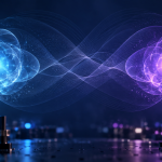Conceptual illustration of two luminous quantum-system motifs within a shared abstract wave pattern above laboratory optics; not a literal diagram of particles or a travelling signal.