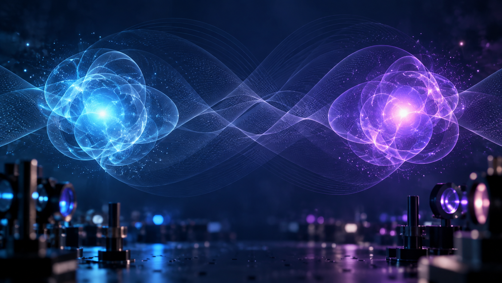 Conceptual illustration of two luminous quantum-system motifs within a shared abstract wave pattern above laboratory optics; not a literal diagram of particles or a travelling signal.