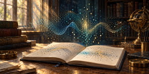 AI-generated conceptual illustration of an open notebook beneath abstract blue and gold probability patterns; not a depiction of Jiaxuan Zhang or an actual experiment.