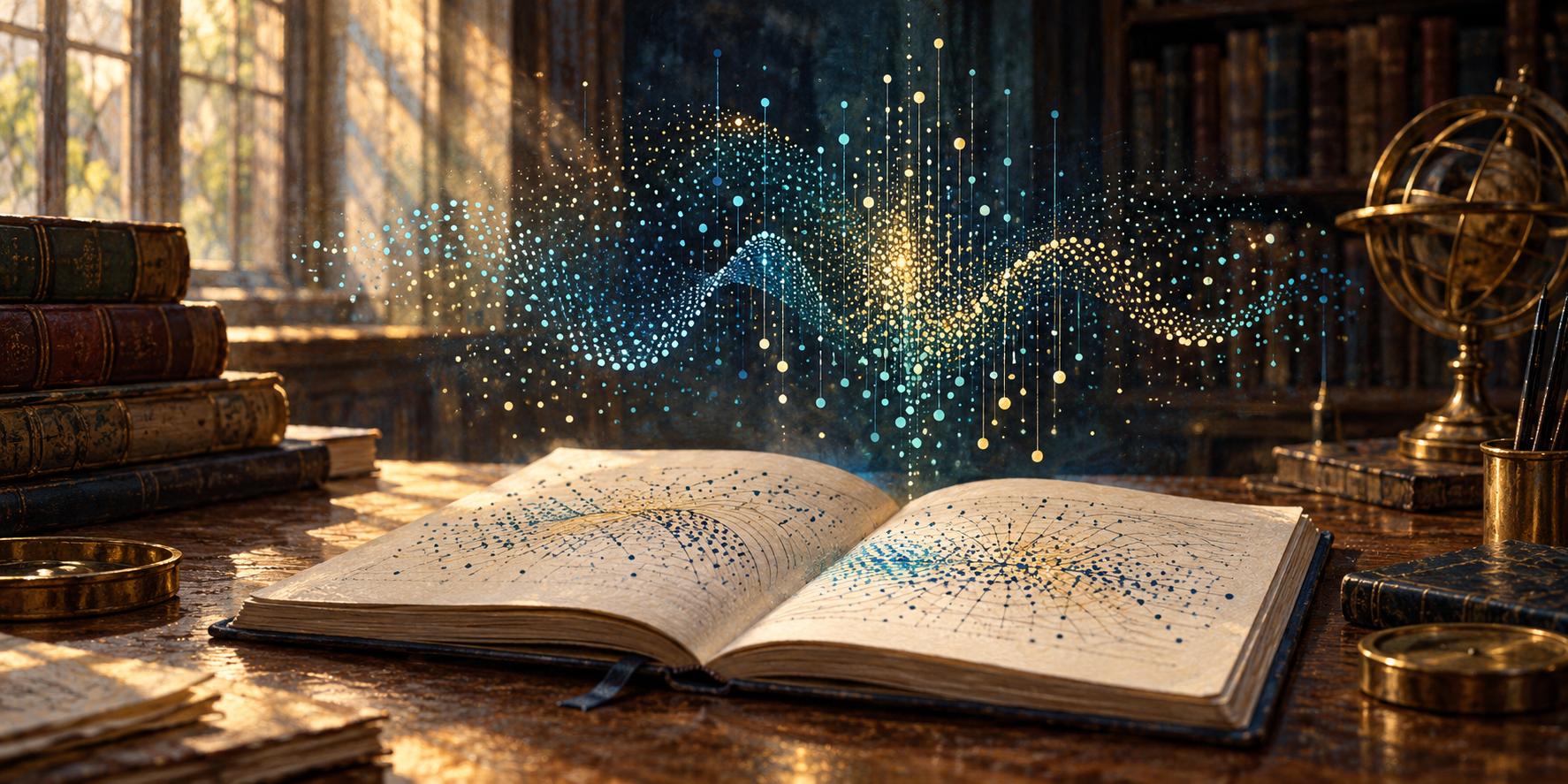 AI-generated conceptual illustration of an open notebook beneath abstract blue and gold probability patterns; not a depiction of Jiaxuan Zhang or an actual experiment.