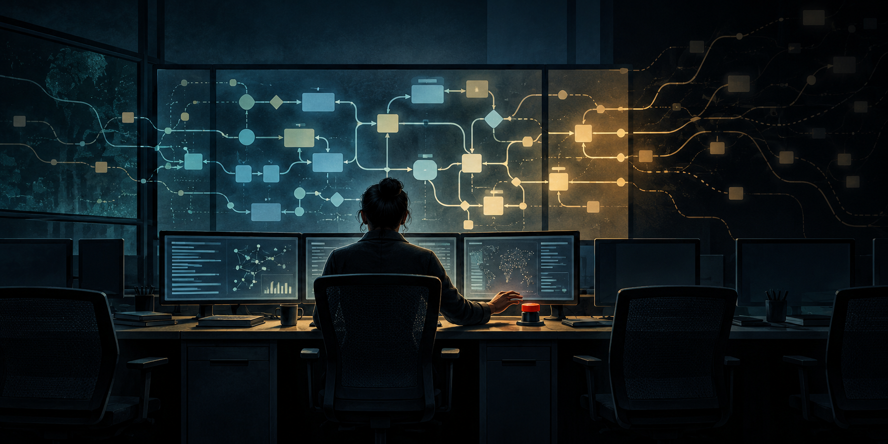 AI-generated editorial illustration of a human operator supervising connected systems in a control room, with empty workstations and a stop control.