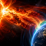 Dramatic illustration of a powerful solar eruption travelling from the Sun toward Earth, representing the Carrington Event and extreme space weather.