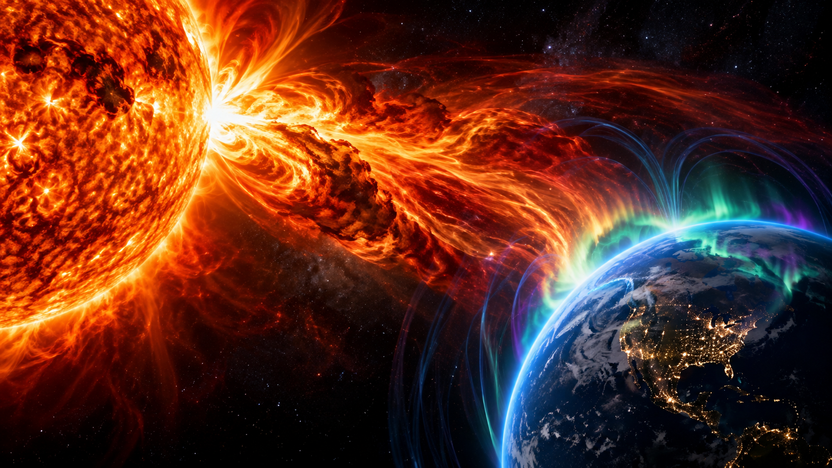 Dramatic illustration of a powerful solar eruption travelling from the Sun toward Earth, representing the Carrington Event and extreme space weather.
