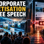 Editorial illustration showing online speech and information passing through a corporate digital paywall, representing the monetisation of online distribution.