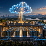 Conceptual illustration of an AI cloud above a data centre connected to electricity pylons, renewable power and water-cooling infrastructure.