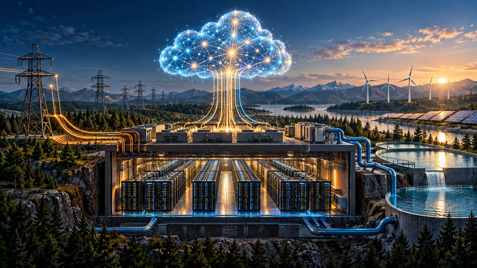 Conceptual illustration of an AI cloud above a data centre connected to electricity pylons, renewable power and water-cooling infrastructure.