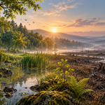 Conceptual illustration of a lush woodland and wetland transitioning into depleted habitat, with a small green sapling in the foreground.