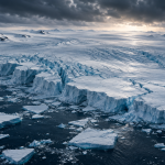 Illustration of a fractured Antarctic glacier meeting dark ocean water beneath an overcast sky.