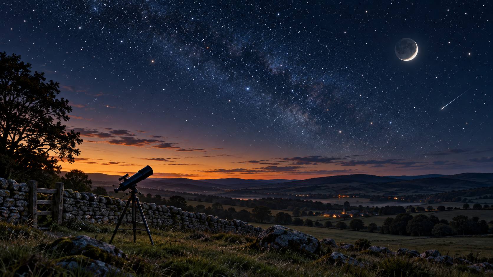 Illustration of a telescope beside a dry-stone wall under a starry UK countryside sky, with a crescent Moon and meteor; not a sky chart for a specific date.