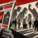 Editorial illustration of a tabloid newspaper casting monstrous shadows over ordinary people, symbolising sensationalism and dehumanisation.