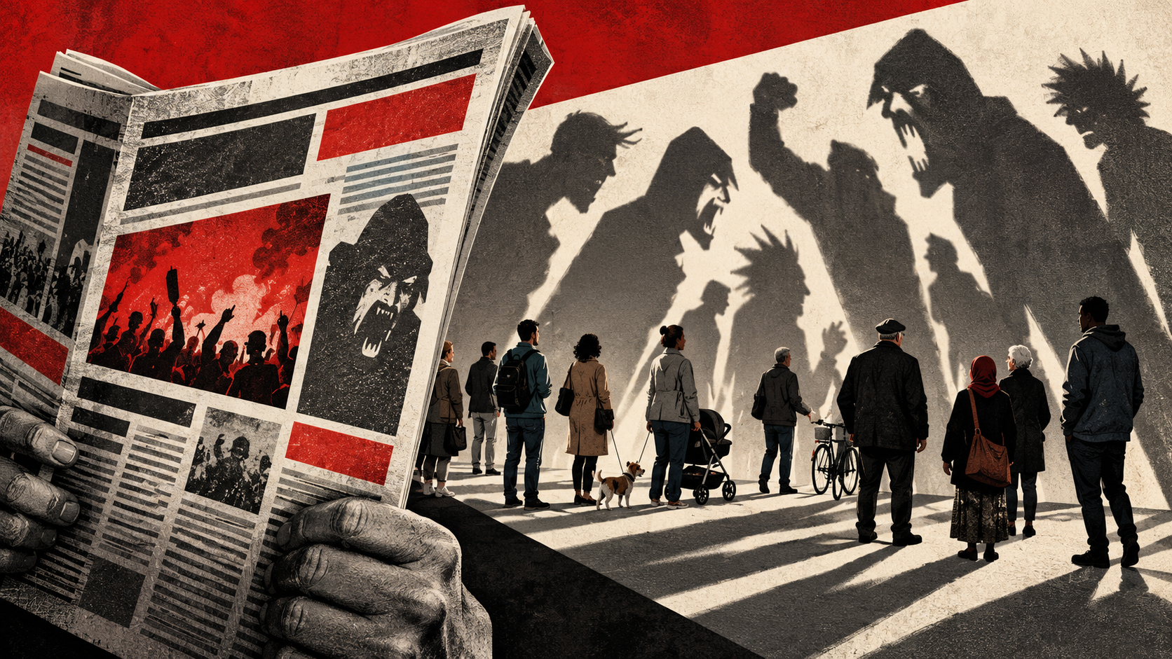 Editorial illustration of a tabloid newspaper casting monstrous shadows over ordinary people, symbolising sensationalism and dehumanisation.