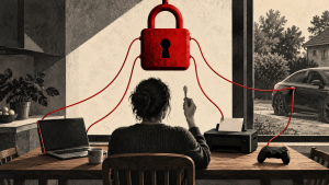 Editorial illustration of a person holding a key while a laptop, printer, game controller and car are connected to a large red padlock, symbolising restricted ownership.