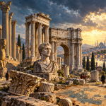 Conceptual AI-generated montage of Achaemenid Persian reliefs, Roman ruins and Ottoman Istanbul, combining different places and eras rather than depicting a single historical scene.