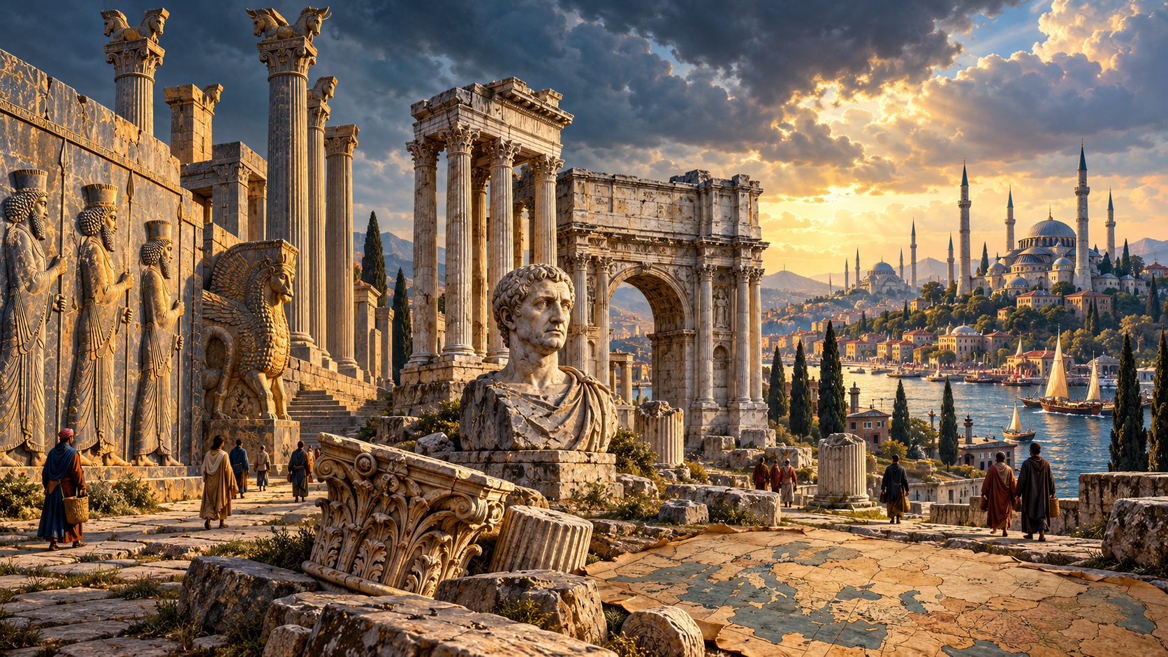 Conceptual AI-generated montage of Achaemenid Persian reliefs, Roman ruins and Ottoman Istanbul, combining different places and eras rather than depicting a single historical scene.