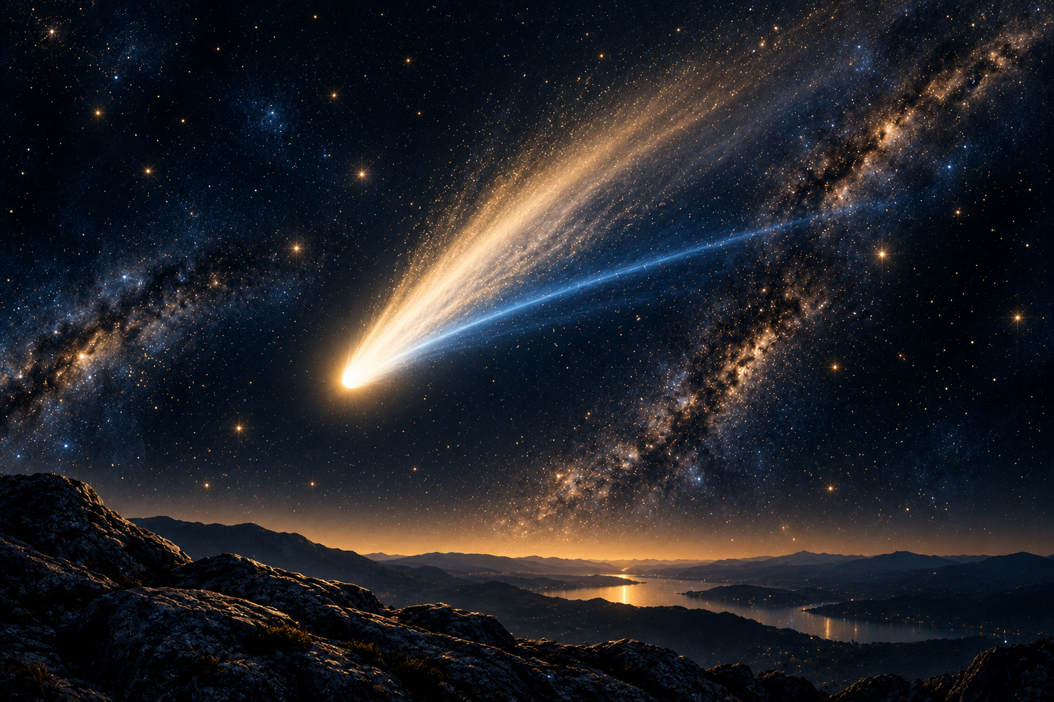 Illustrated comet with gold dust tail and narrow blue ion tail above a dark rocky landscape and starry navy sky.