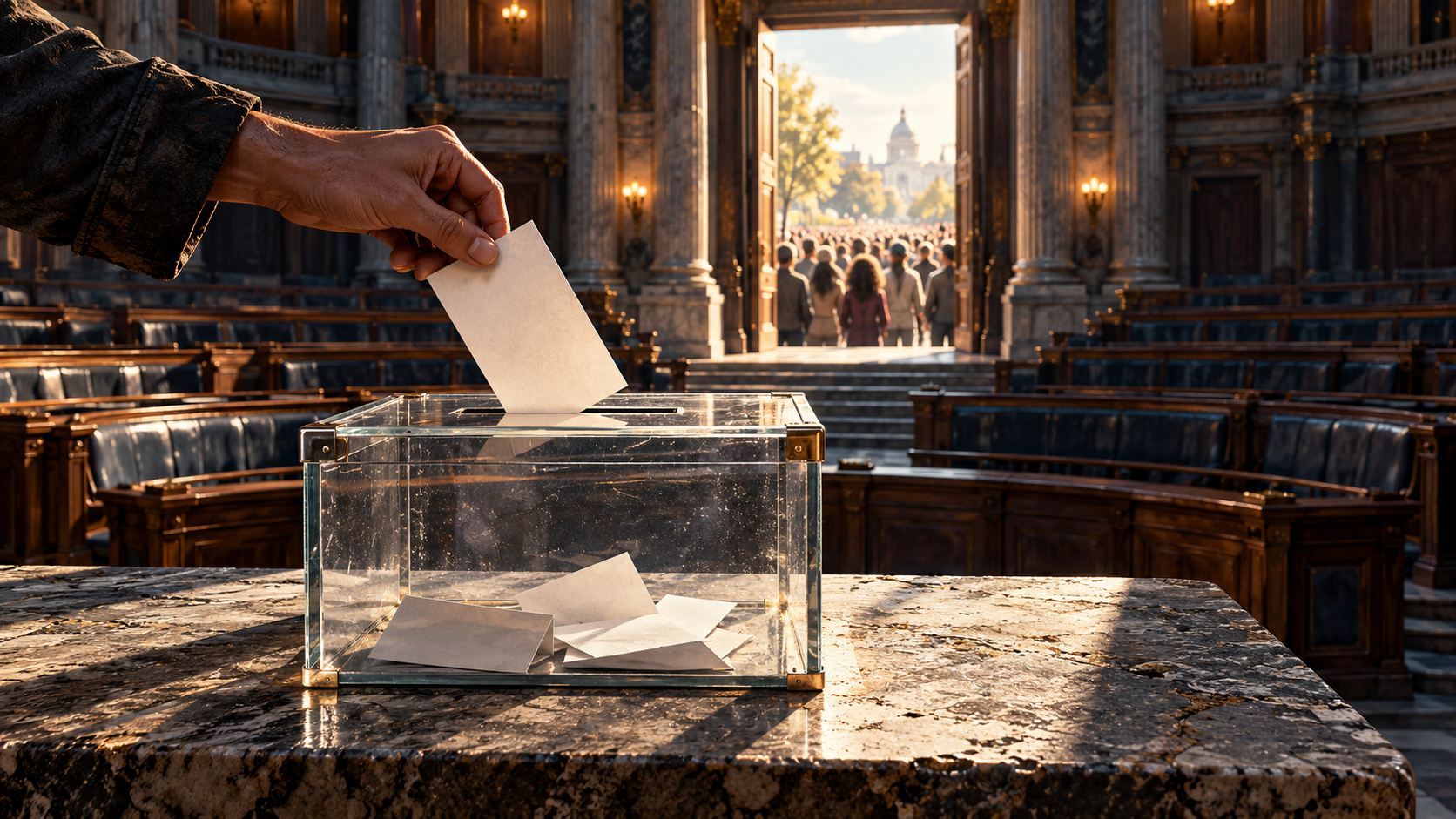 Conceptual illustration of a hand placing a ballot into a glass ballot box in a civic chamber, with people outside an open doorway.