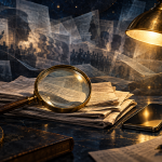 A gold-lit magnifying glass examining newspapers beside a phone, with shadowy layers of messages behind.