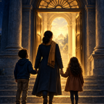 Illustrated adult holding two children’s hands as they approach an open doorway glowing gold against a dark navy night.