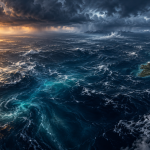 Conceptual illustration of a stormy North Atlantic beside the British Isles, with warm amber and cold blue tones suggesting ocean heat transport.