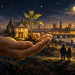 Illustration of a hand supporting a house and young tree, with two children in a navy and gold landscape.